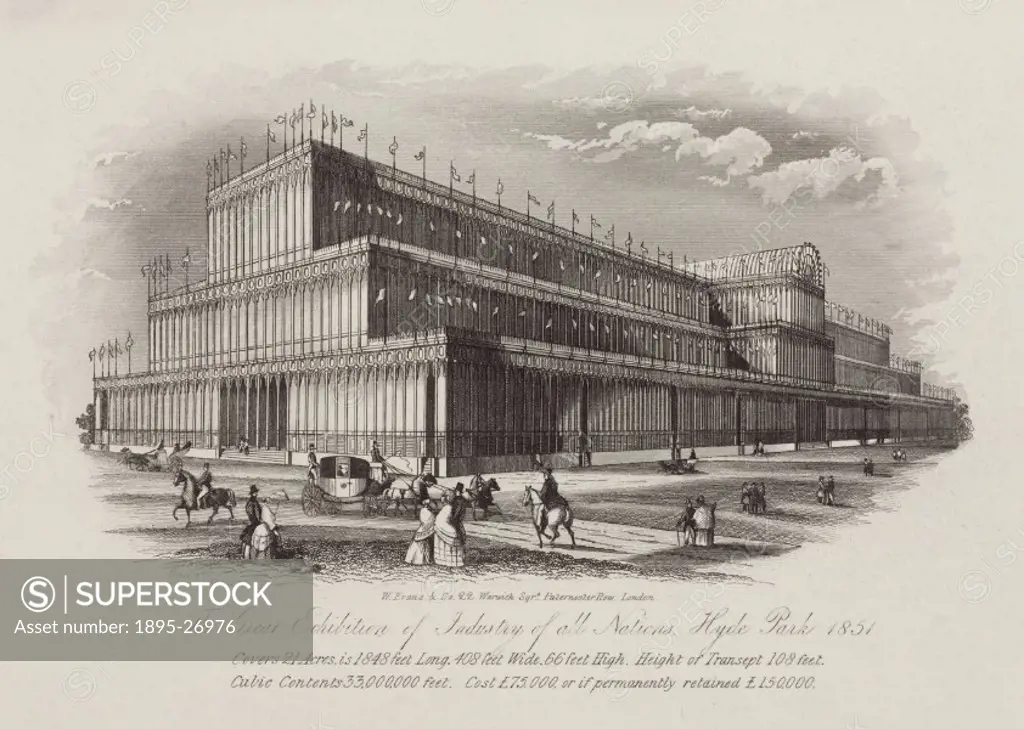 Engraving of the Crystal Palace with dimensions. The Crystal Palace was built to house the ´Great Exhibition of the Works of the Industry of all Natio...