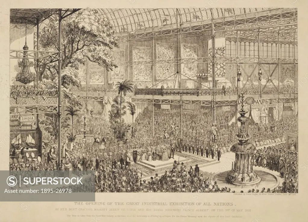 Etching by George Cruikshank showing Queen Victoria and Prince Albert opening the Great Industrial Exhibition for All Nations at the Crystal Palace. T...