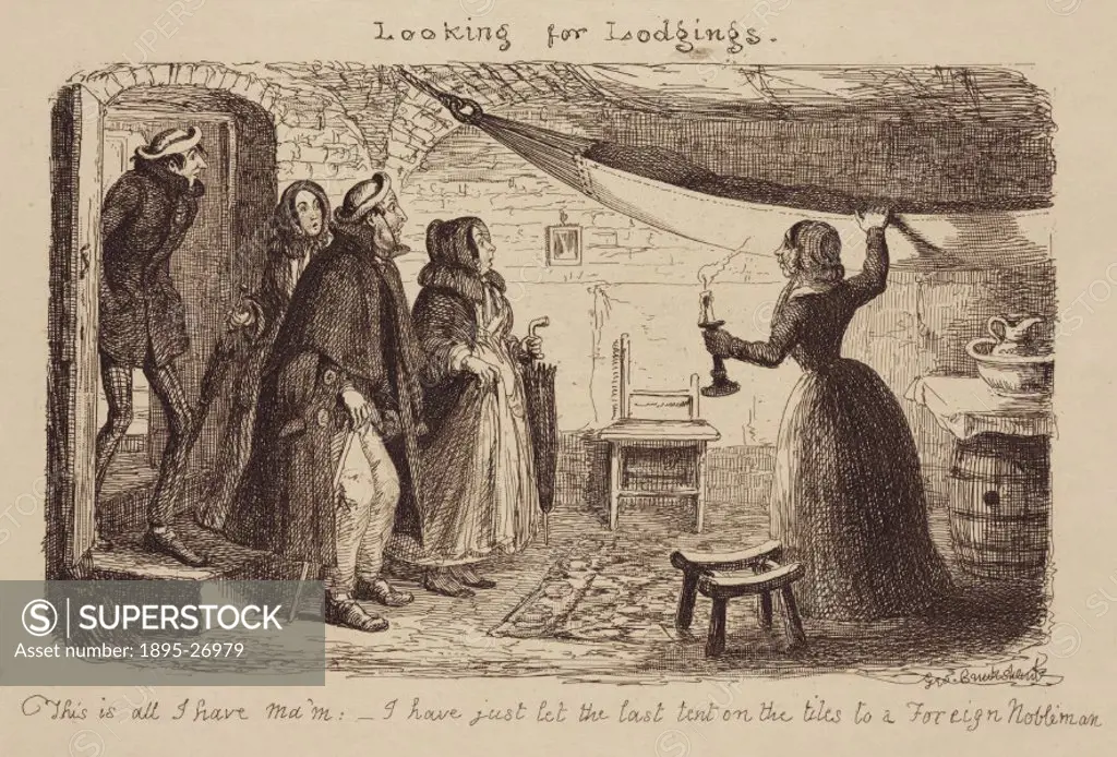 Etching by George Cruikshank of two men and two women looking for accommodation during the Great Exhibition of 1851. As the landlady, who is holding a...
