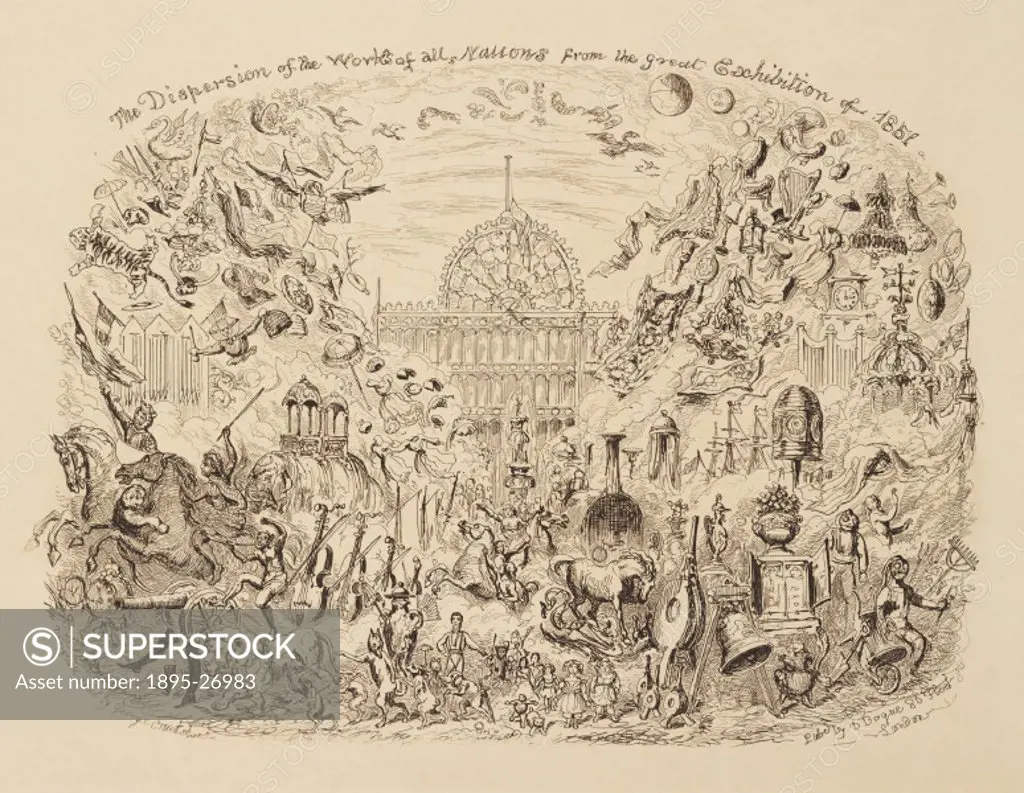 Etching by George Cruikshank showing the Crystal Palace behind a range of the objects that were exhibited within it to represent their countries. Incl...