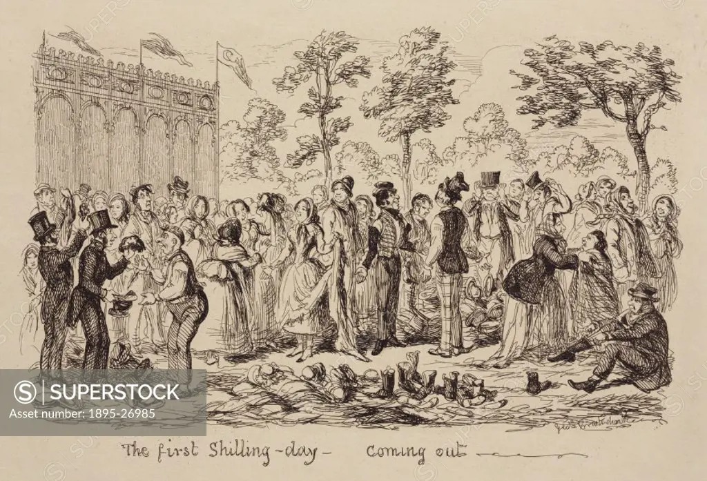 Etching by George Cruikshank illustrating the aftermath of the first day tickets were sold at a shilling at the Great Exhibition of 1851. Having lost ...