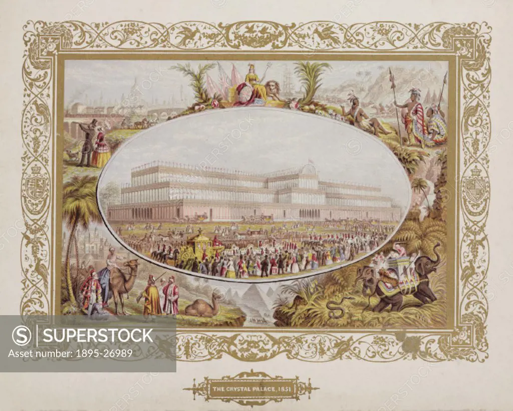 Chromolithograph with a gilt trim illustrating the Great Exhibition and the countries it represented. The central oval shows the Crystal Palace in Hyd...