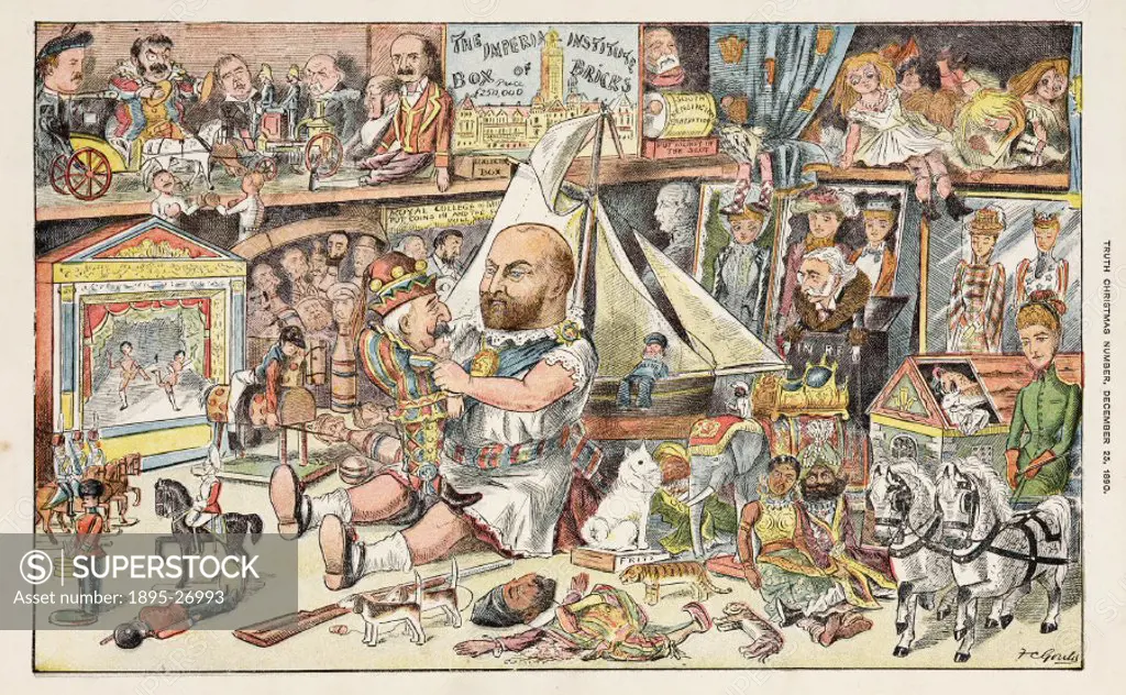 Satirical lithograph showing the Prince of Wales (1841-1910, later King Edward VII), wearing childrens clothes, surrounded by toys, dolls and games i...