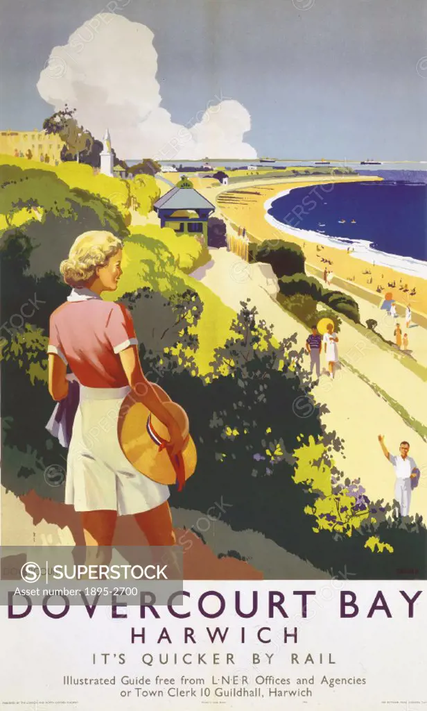 Poster produced for London & North Eastern Railway (LNER) to promote rail travel to the coastal resort of Dovercourt Bay, near Harwich in Essex. The p...