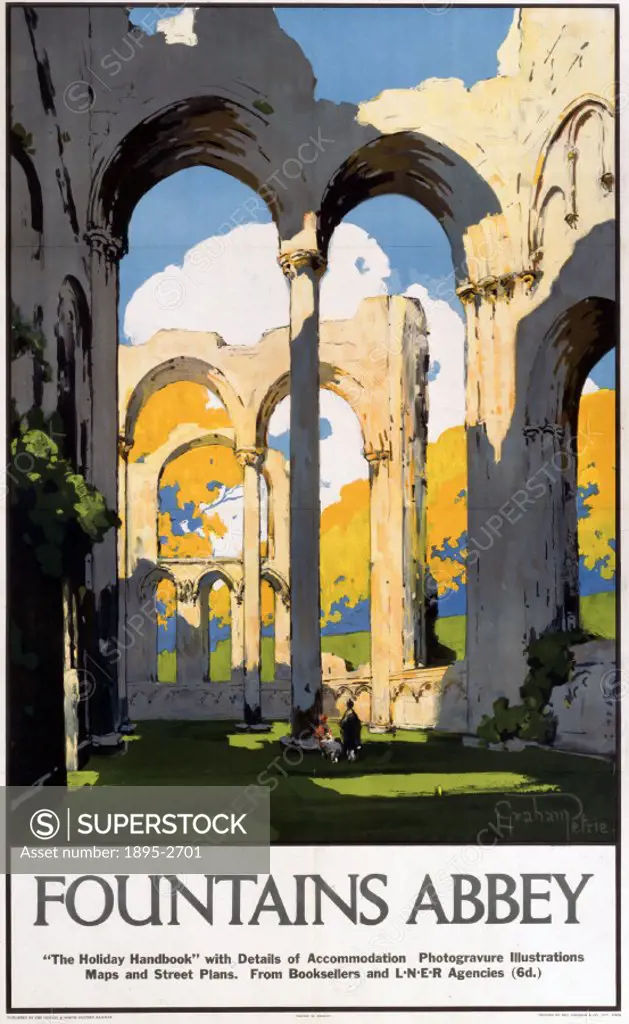 London & North Eastern Railway (LNER) poster showing Fountains Abbey in Yorkshire. Artwork by Graham Petrie.