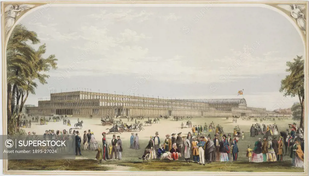 Print bordered with gilt showing the exterior facade and gardens of the Crystal Palace. In the foreground visitors of many nationalities can be seen i...