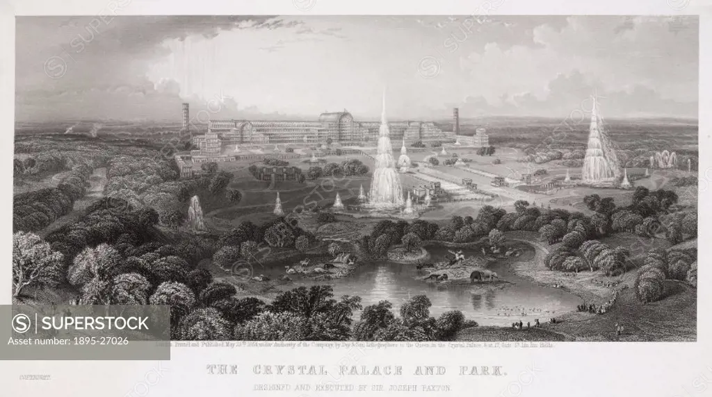 Engraving showing the Crystal Palace with fountains, gardens and an artificial lake featuring islands decorated with models of dinosaurs, dodos and ma...