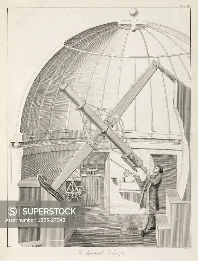 Engraving of an equatorial telescope, possibly in the observatory at Hartwell Manor, Buckinghamshire. Illustration from Ædes Hartwellianæ, or notices...
