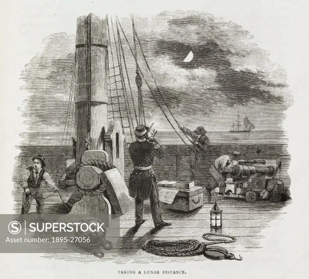 Engraving showing a naval officer measuring the position of the Moon with respect to the fixed stars from the deck of a ship at sea. Using a sextant, ...