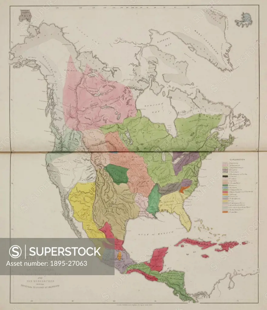 Map showing the distribution of various tribes and ethnic groups in what is now Canada, the United States and Central America. Illustration from Six ...