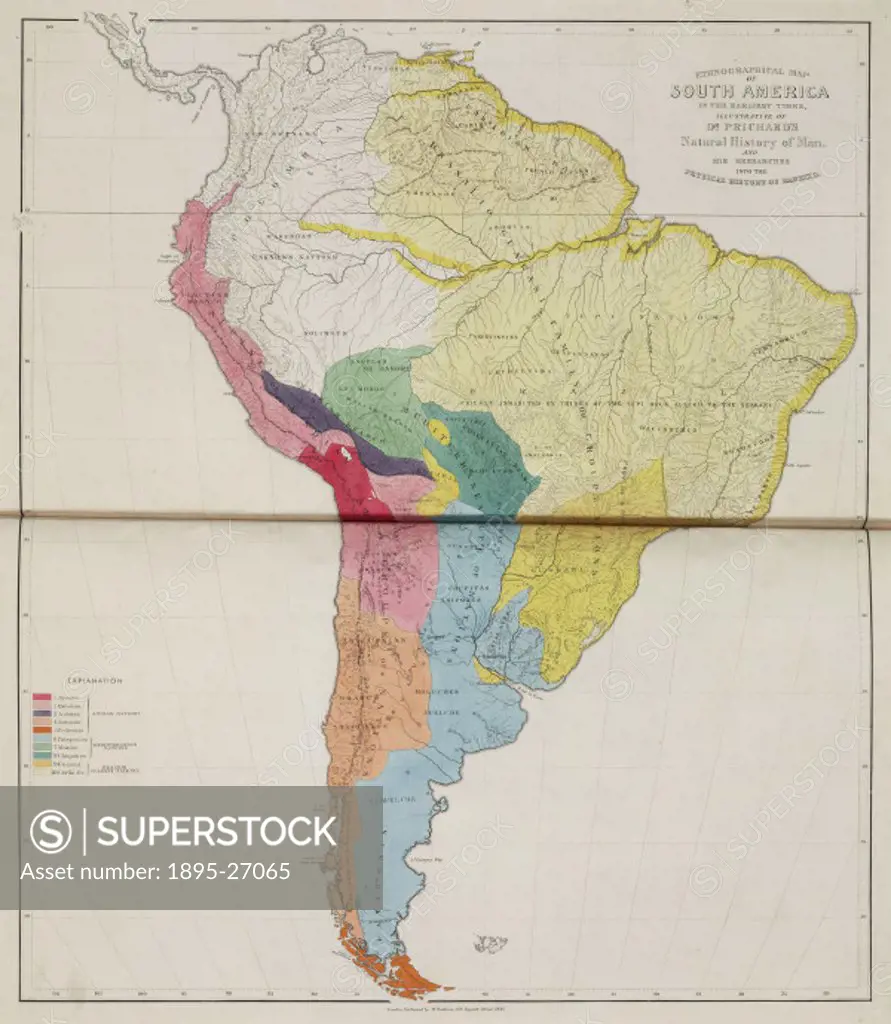 Map showing the distribution of various tribes and ethnic groups in the continent of South America. Illustration from Six ethnographical maps, illust...