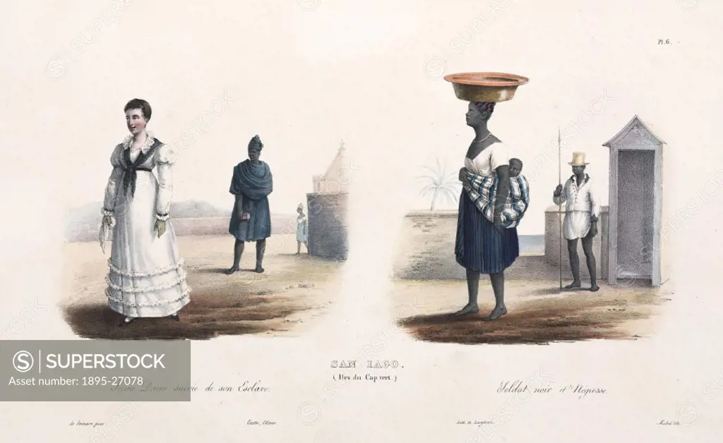 Lithograph by Michel after de Sainson, showing a young European woman followed by her slave, a woman carrying her baby on her back, and a soldier by h...
