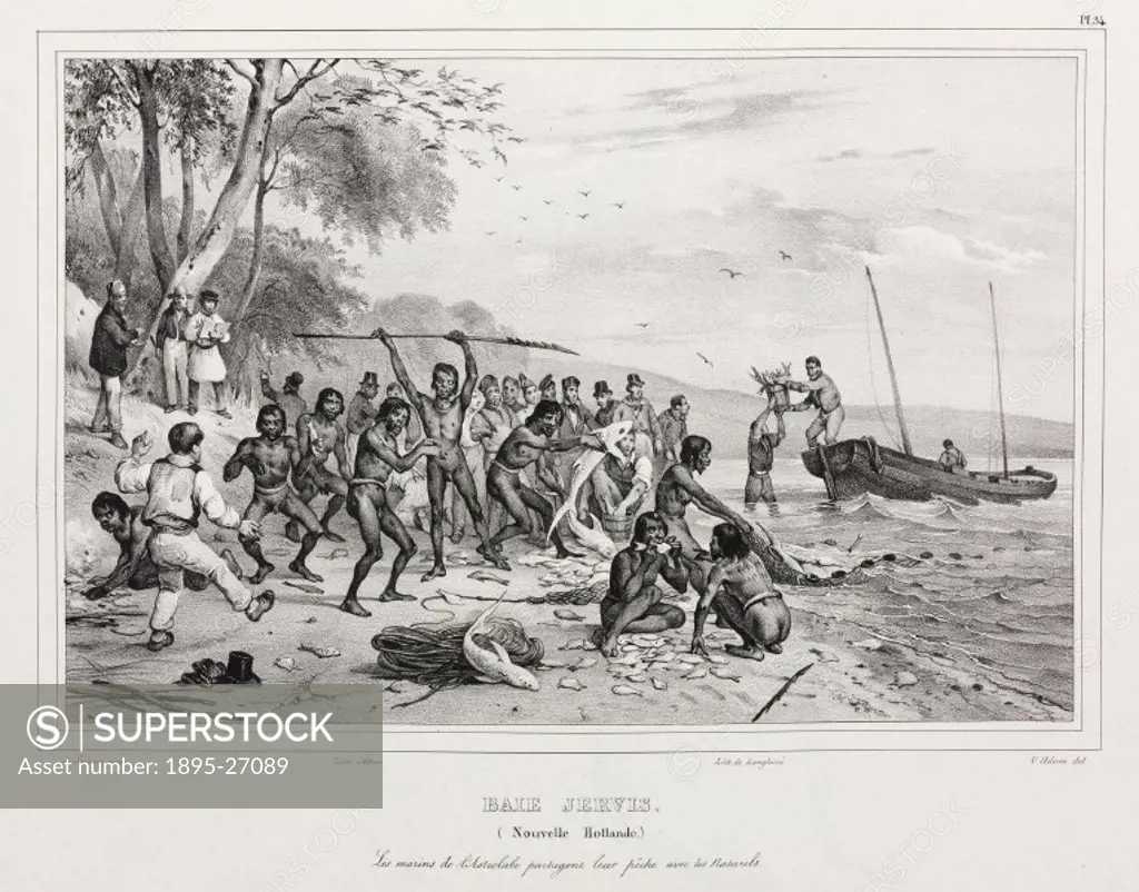 Lithograph by Langlume drawn by Adam after de Sainson, captioned The sailors of the Astrolabe share their catch with the natives’. The Astrolabe’ wa...