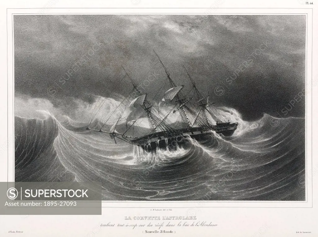 Lithograph drawn by St Aulaire of the Astrolabe falling suddenly on the reefs in the Bay of Plenty’. The Astrolabe was under the command of French na...