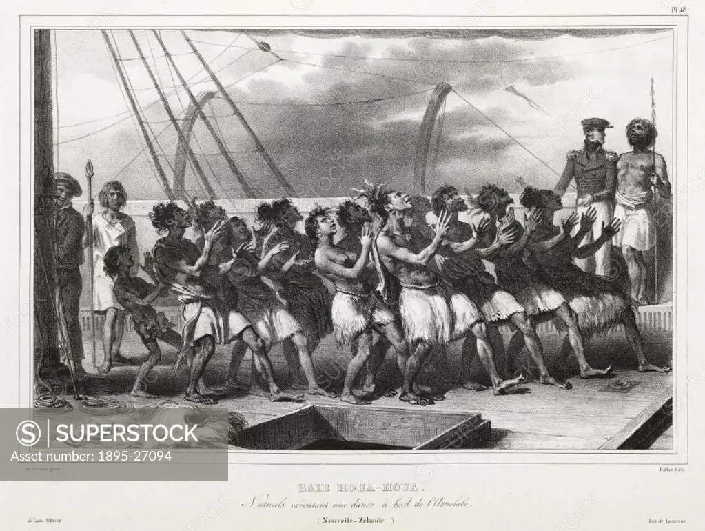 Lithograph by Raffet after de Sainson, showing a scene at Houa Houa Bay, captioned Natives executing a dance aboard the Astrolabe’. The Astrolabe was...