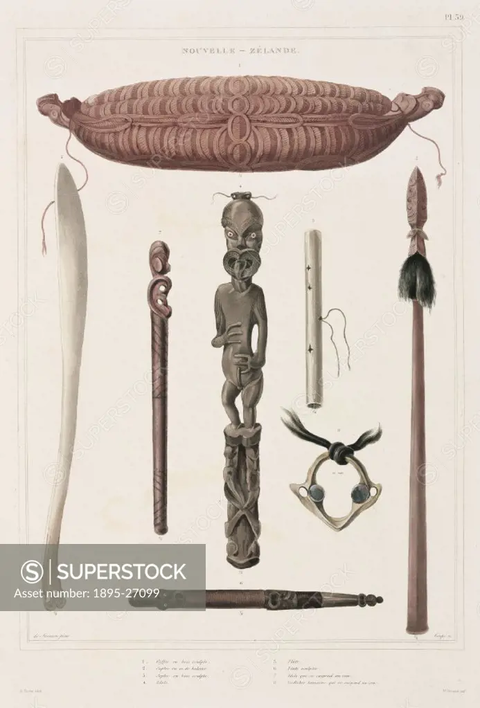Engraving by Coupe after de Sainson: carved wooden box (1), whalebone sceptre (2), carved wooden sceptre (3), idol (4), flute (5), carved flute (6), i...