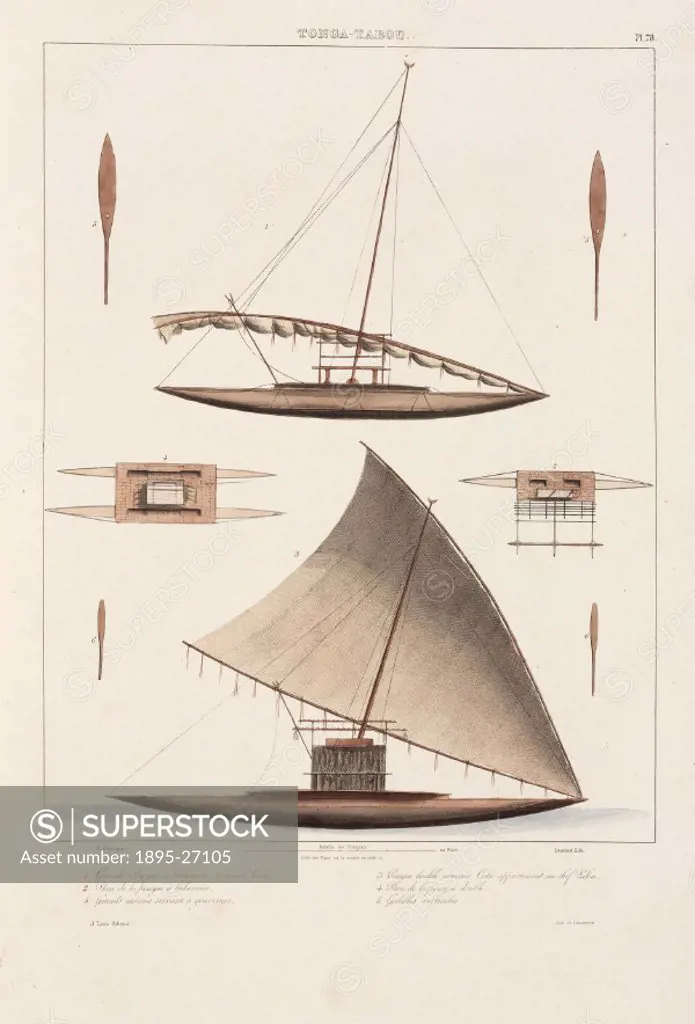 Lithograph by Laurent after E Paris: large outrigger canoe called Vaca (1-2), double canoe called Calie belonging to Chief Palou (3-4), large oars use...