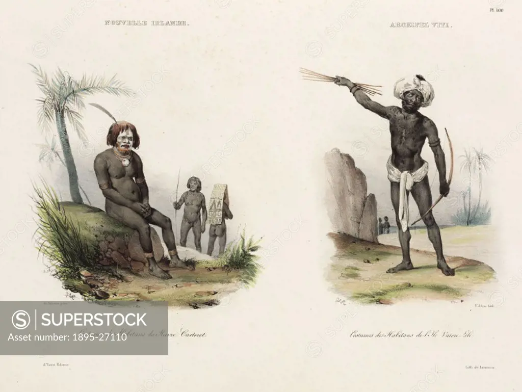 Lithograph by Adam after de Sainson, showing the dress of South Sea islanders. On the left is a man from Carteret Haven, New Ireland (Papua New Guinea...