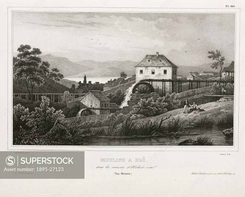 Lithograph by Leborne after de Sainson, showing water-powered mills for grinding wheat. Tasmania was named Van Diemens Land in the 1640s, and later b...