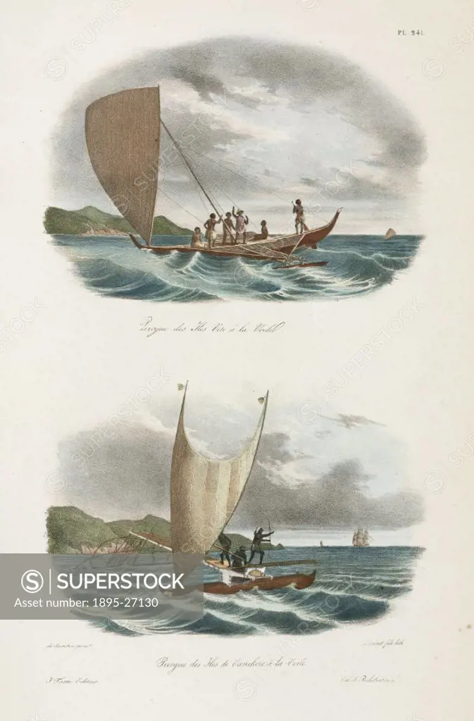 Lithograph by Arnout fils after de Sainson, showing outrigger canoes from Fiji (top), and from the island of Vanikoro, Solomon Islands (bottom). Illus...