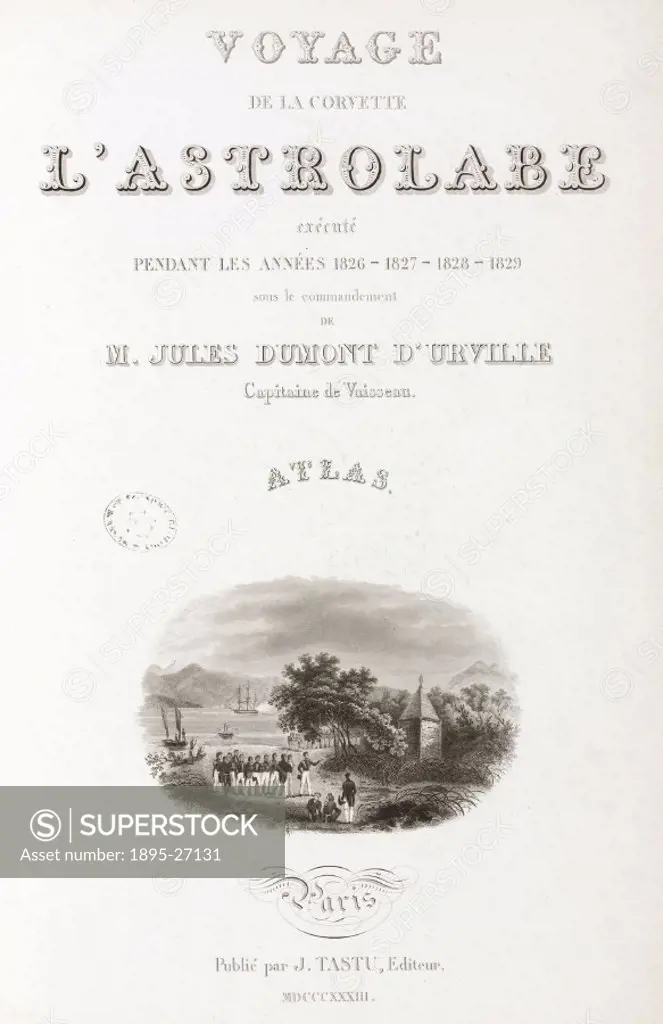 Text page with a lithographed vignette showing French navigator Jules-Sebastien-Cesar Dumont d´Urville (1790-1842) and his officers. They are possibly...