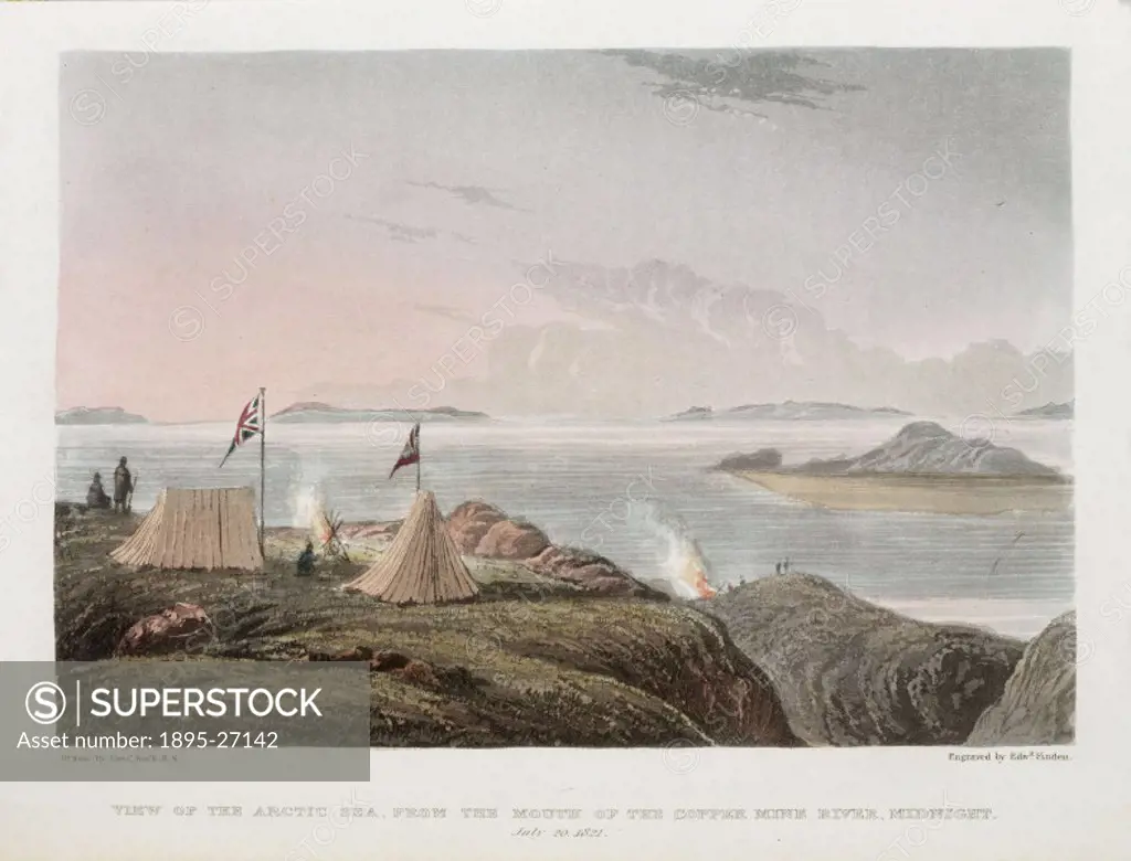 Engraving by Edward Finden after a drawing by George Back (1796-1878), showing John Franklins (1786-1847) expedition camped on the Coppermine River i...