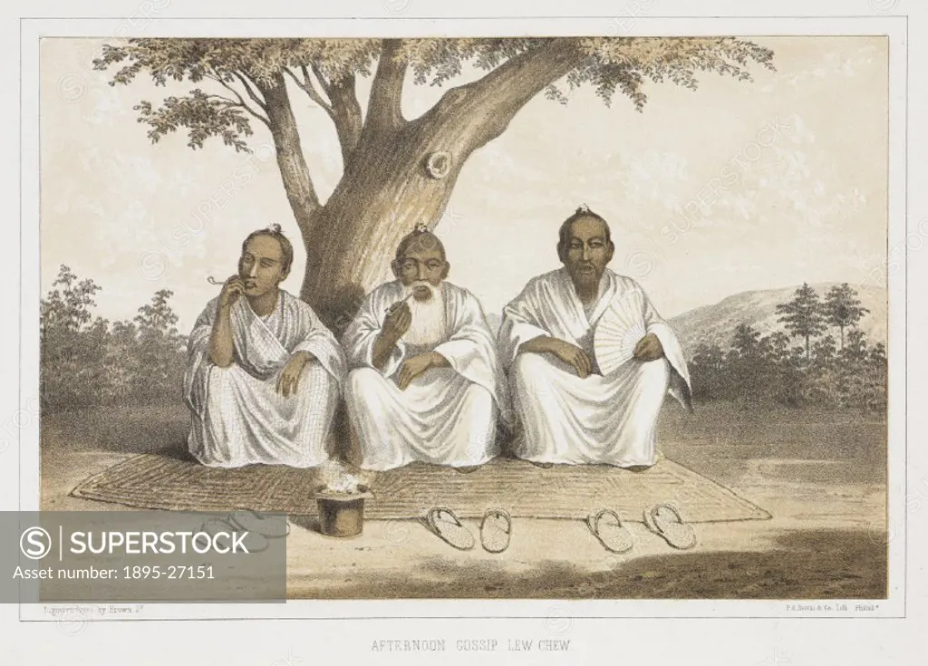 Lithographed plate by P S Duval after a daguerreotype by Brown, of Japanese men sitting smoking under a tree. Commodore Matthew Calbraith Perry (1794-...