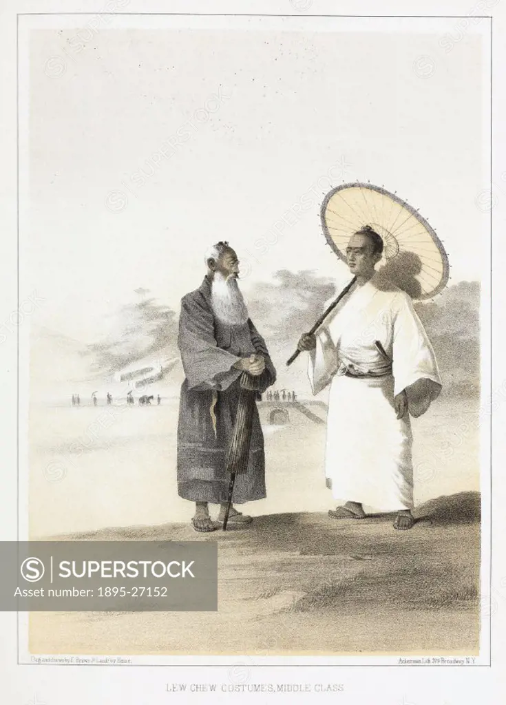 Lithographed plate by Ackerman after a daguerreotype by E Brown with landscape by Heine, of two Japanese men in traditional kimonos, with parasols. Th...