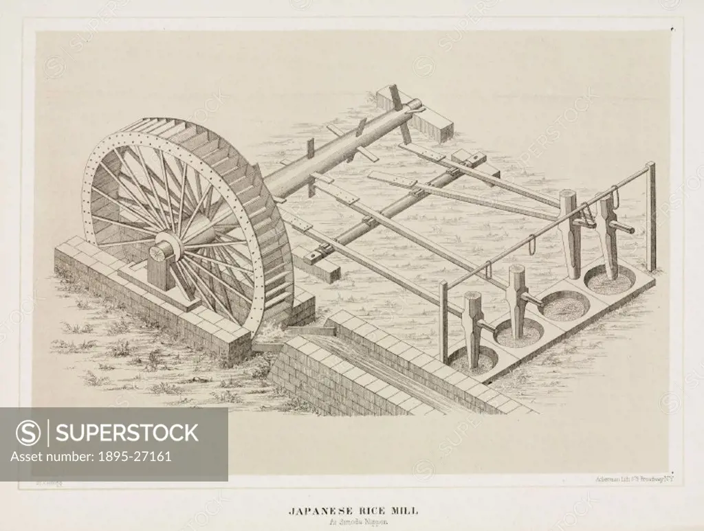 Lithographed plate by Ackerman after M Kellogg. This water mill activates shafts with wooden mortars which pound the rice in the containers (right). C...