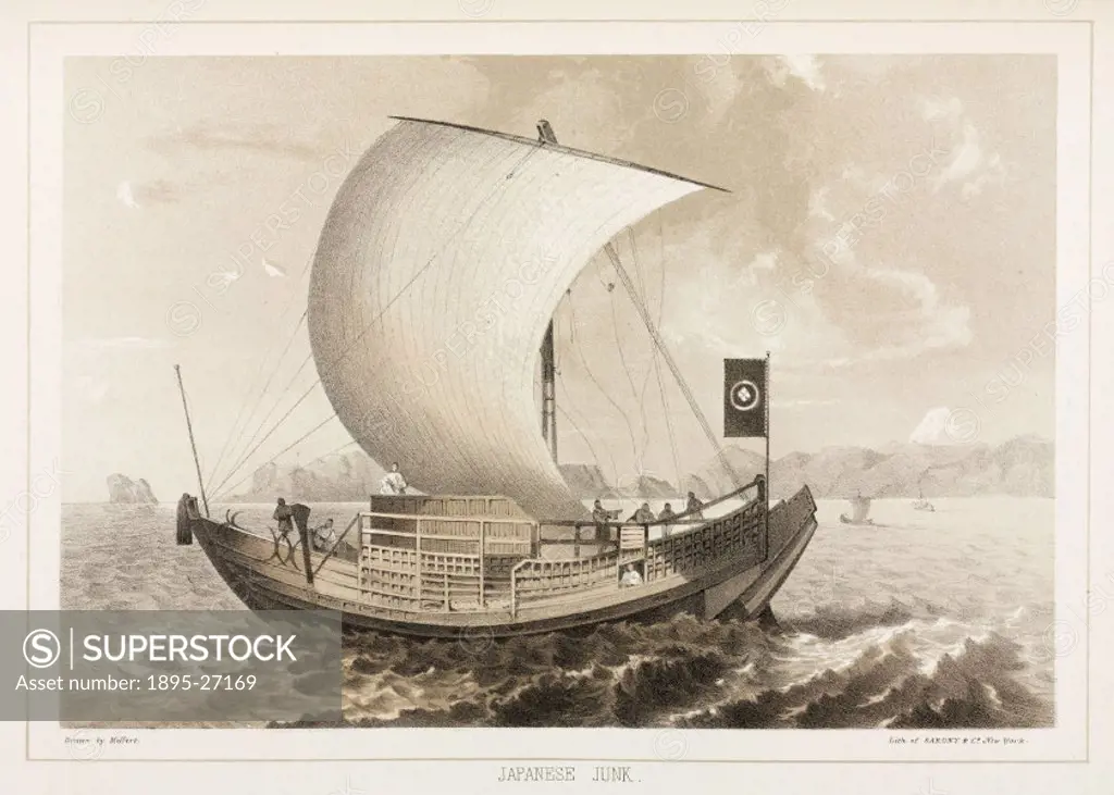 Lithographed plate by Sarony & Co after a drawing by Meffert of a junk in full sail. Commodore Matthew Calbraith Perry (1794-1858) led a US government...