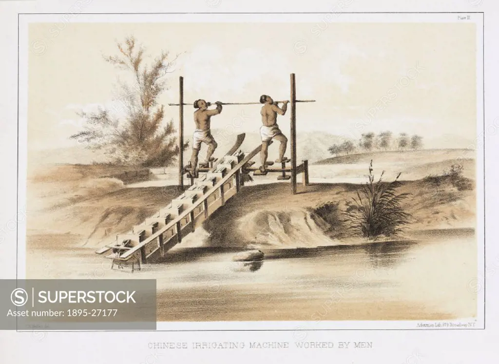 Lithographed plate by Ackerman after a drawing by J B Meffert, showing a man-powered mechanism for drawing water uphill. Commodore Matthew Calbraith P...