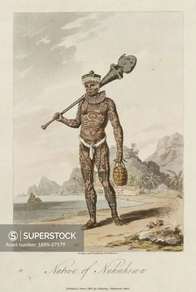 Etching by J A Atkinson after his own drawing, of a tattooed Polynesian man. Nukahiwa is now called Nuku Hiva, and is the largest of the Iles Marquise...