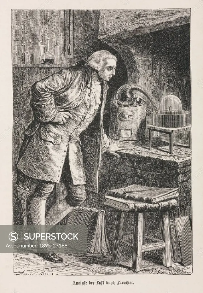 Engraving made c 1875 of French chemist Lavoisier (1743-1794) who is considered to be the founder of the modern science of chemistry, researching into...