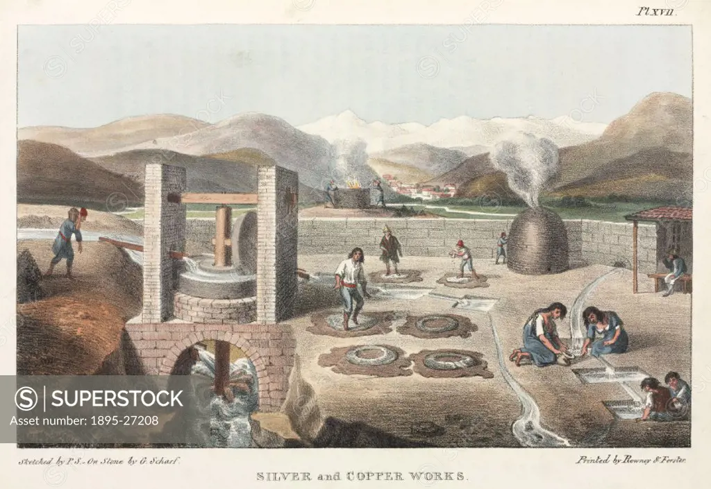 Lithograph by G Scharf after a sketch by P S, showing Chileans casting and washing metal. Illustration from Travels into Chile, over the Andes, in th...