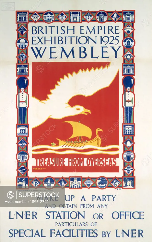 Poster produced for the London & North Eastern Railway (LNER) to promote rail travel to the second season of the British Empire Exhibition, which was ...