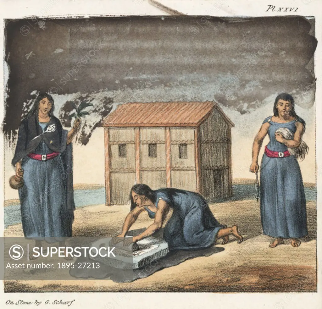 Lithograph by G Scharf, the woman in the centre is grinding maize in the traditional method used in Central and South America since pre-Columbian time...