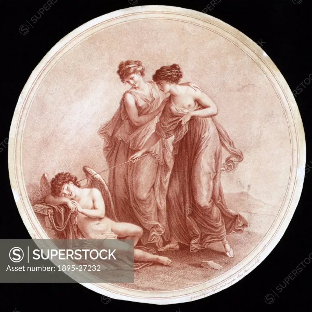 Stipple engraving of a classical allegory by William Wynne Ryland after a painting by Angelica Kauffman.