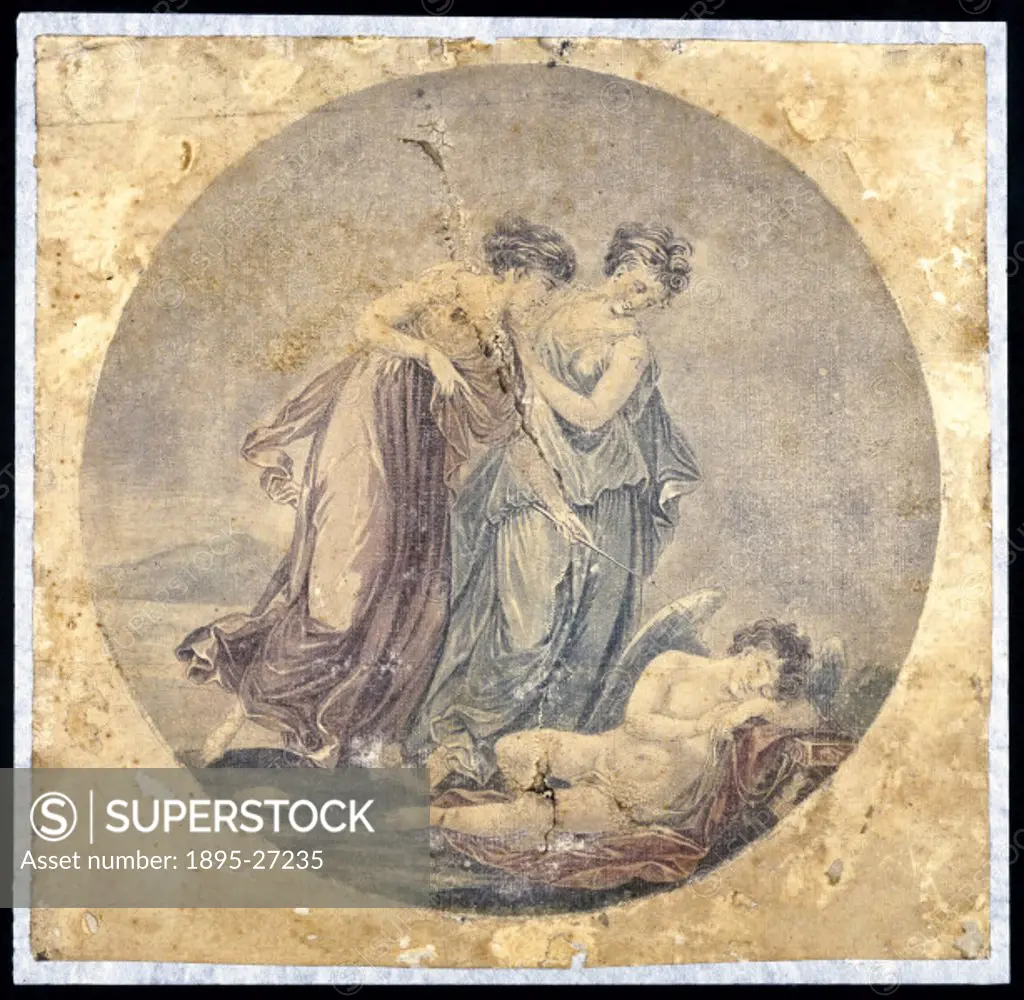 Mechanical painting of a classical allegory by Francis Eginton after a painting by Angelica Kauffman or Rylands 1776 engraving of it. The mechanical ...