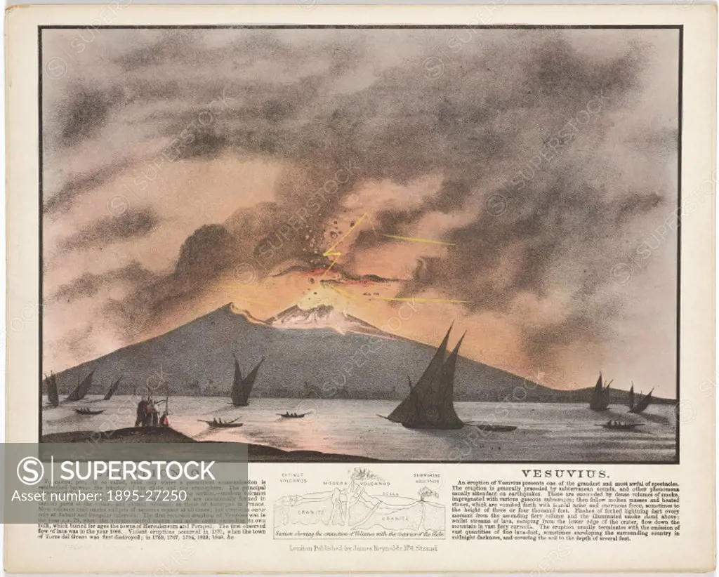 Lithograph showing Vesuvius in mid-eruption, with a diagram below explaining the connection between volcanoes and the interior of the Earth. Vesuvius ...