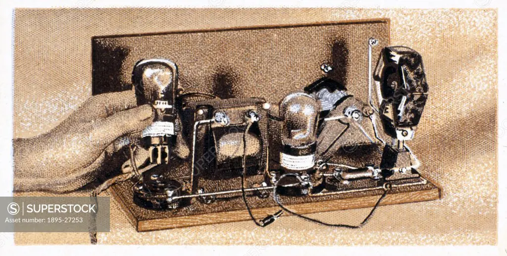 How to build a two valve set’, No 23, Godfrey Philips cigarette card, 1925. The reverse of the card reads: The valves. 2-volt Muliard valves are rec...
