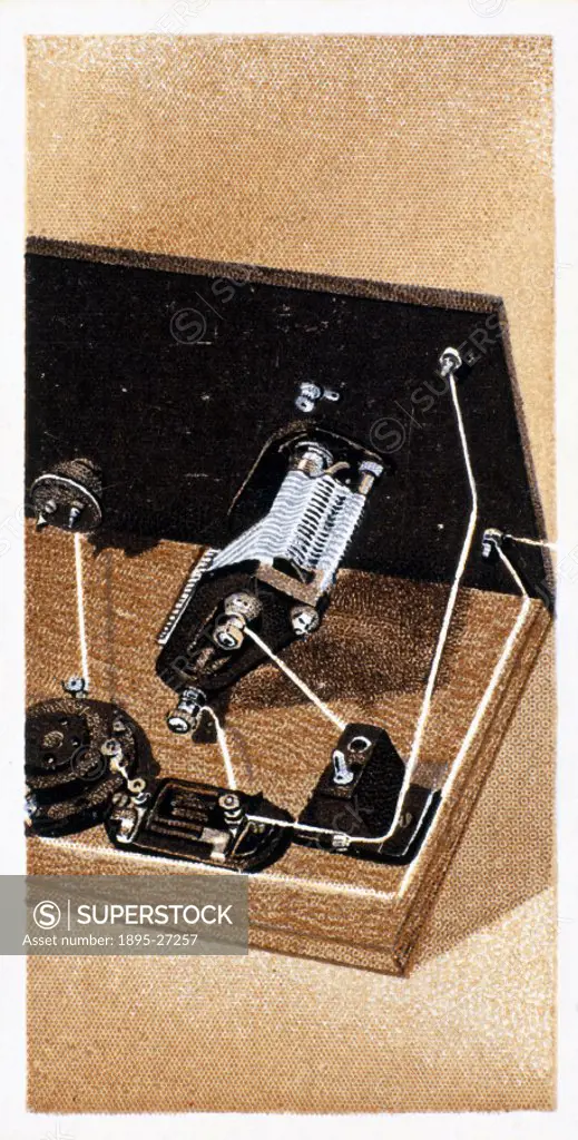 How to build a two valve set’, No 13, Godfrey Philips cigarette card, 1925. The reverse of the card reads: Turning grid connections. The Grid Conden...