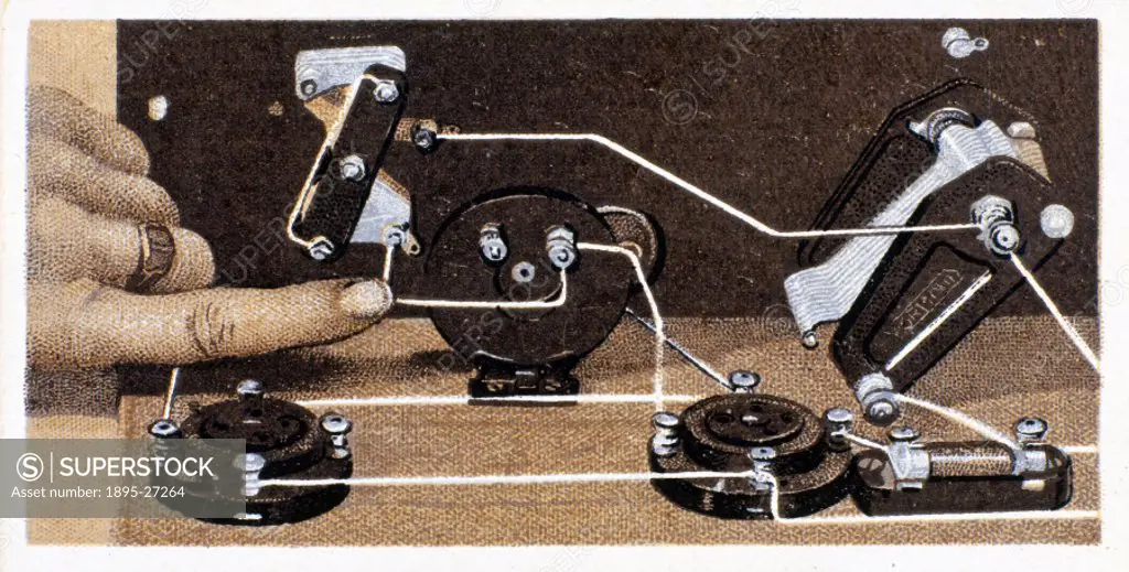 How to build a two valve set’, No 10, Godfrey Philips cigarette card, 1925. The reverse of the card reads: Reaction condenser Connections (Contd). T...