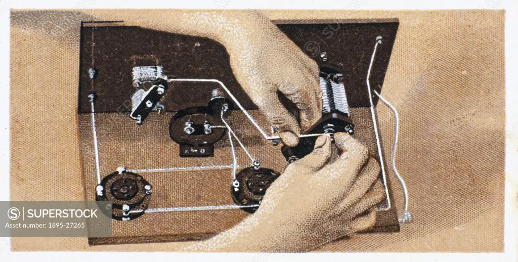 How to build a two valve set’, No 15, Godfrey Philips cigarette card, 1925. The reverse of the card reads: This picture indicates the connection fro...