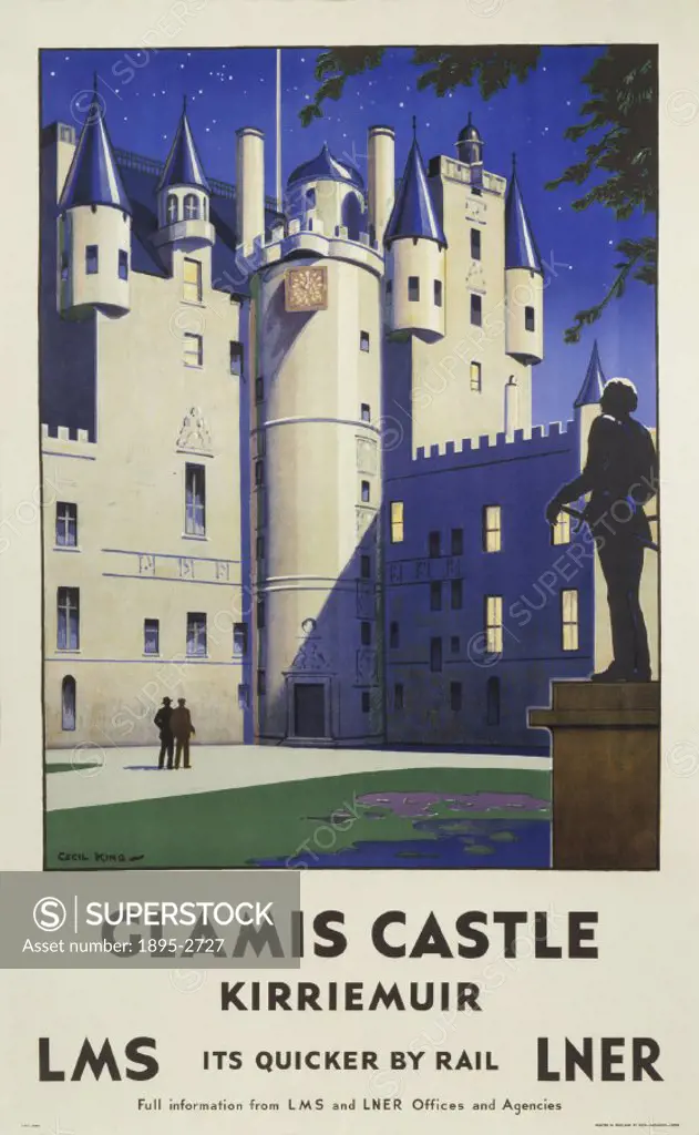 Poster produced for London & North Eastern Railway (LNER) and London, Midland & Scottish Railway (LMS) to promote rail travel to Glamis Castle in Kirr...