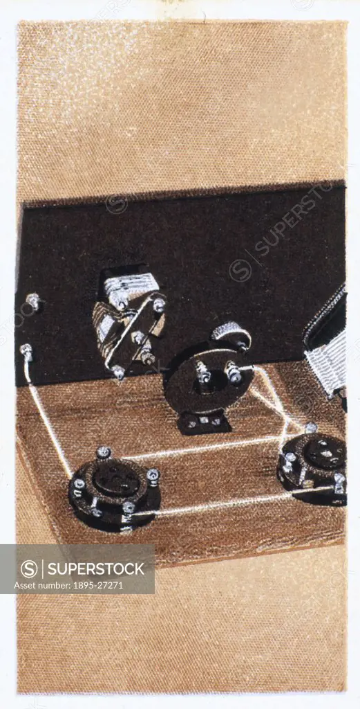 How to build a two valve set’, No 14, Godfrey Philips cigarette card, 1925.The reverse of the card reads: The anode connections. Here is shown the h...