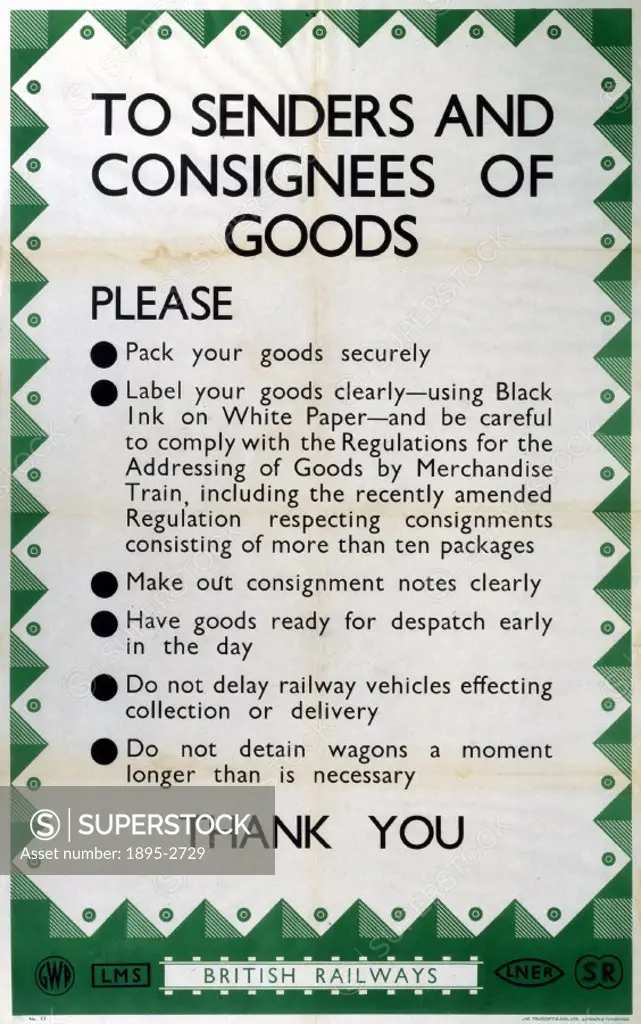 British Railways (GWR/LMS/LNER/SR) poster. To Senders and Consignees of Goods.