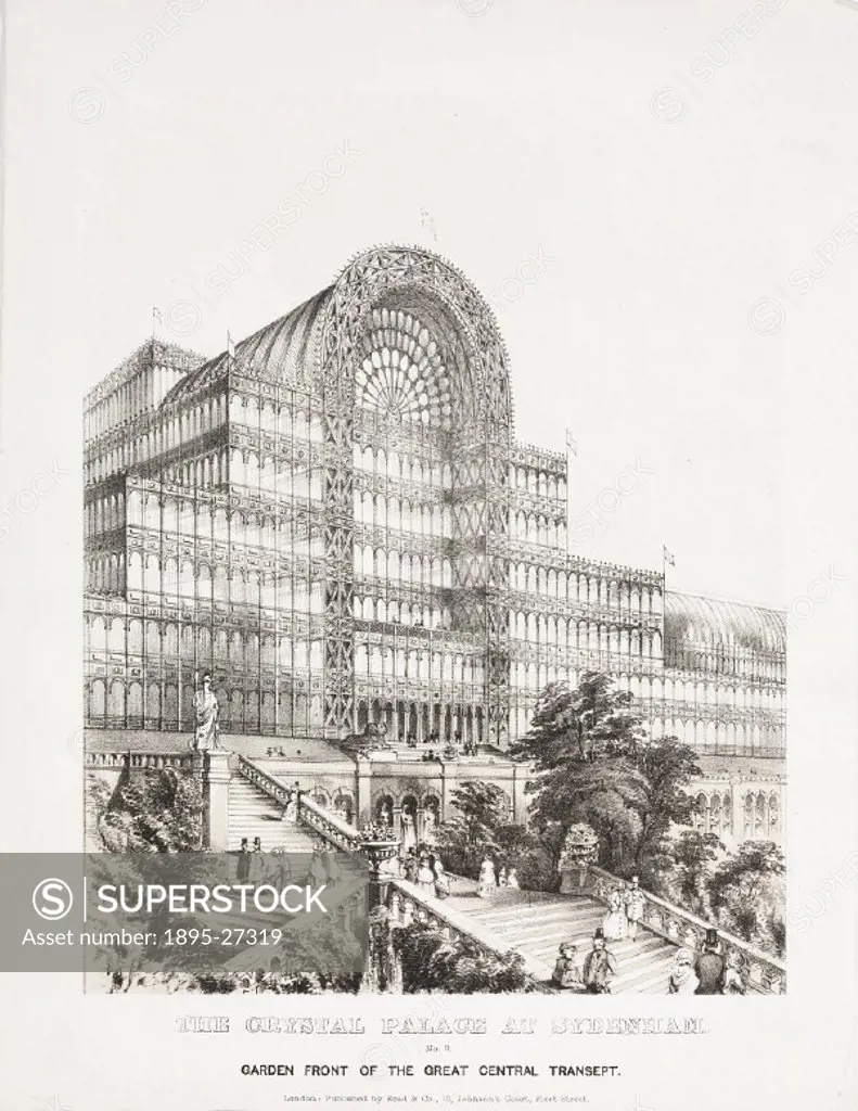 Tinted lithograph showing the exterior stairs and terraces at the Garden front of the Crystal Palace which was built to house the ´Great Exhibition of...