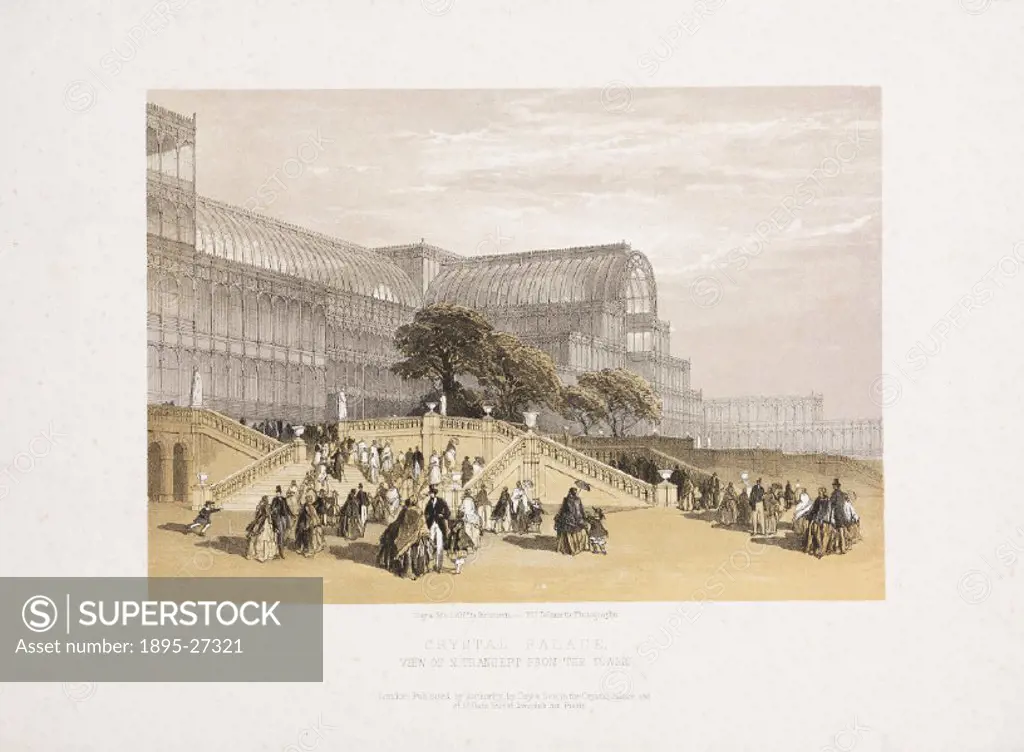 Lithograph after a photograph, showing visitors to theCrystal Palace. Conceived by Prince Albert (1819-1861), it was built to house the ´Great Exhibi...