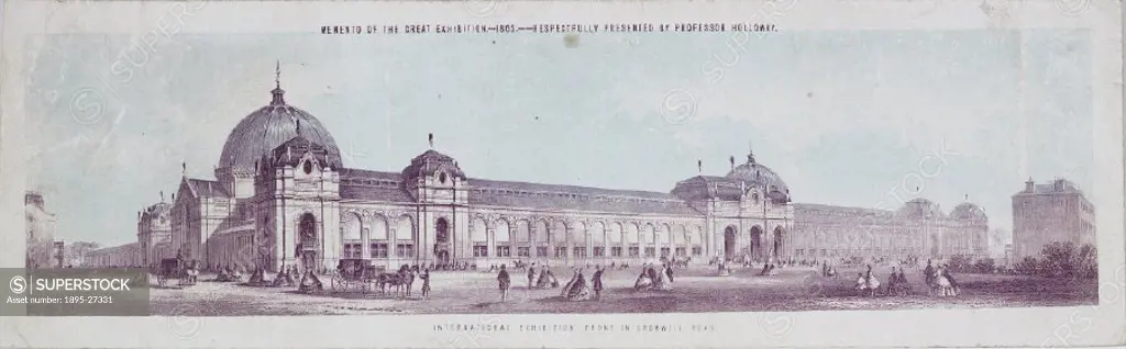 Souvenir viewing card, a memento respectfully presented by Professor Holloway’, of the International Exhibition building in South Kensington. It was ...