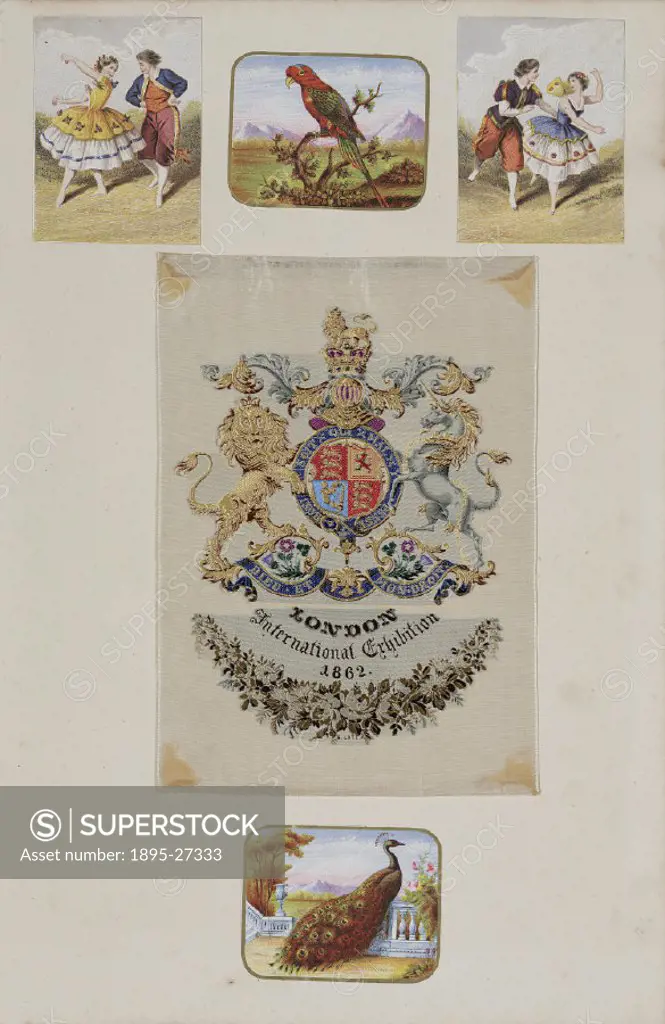Silk woven picture by S Lotz, a souvenir of the International Exhibition held in London in 1862. In the centre is the royal crest with the lion and un...